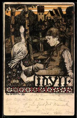 Künstler-AK Rudolf Schiestl: Junge sitzt auf der Wiese und hütet die Gans, Idyll