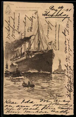 Künstler-AK Willy Stoewer: Schnelldampfer Columbia erreicht den Hafen von New York
