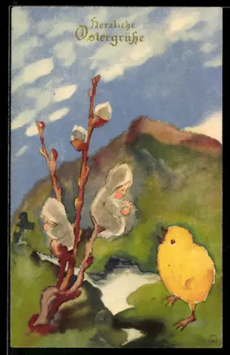 Künstler-AK Milli Weber: Küken begrüsst an einem Zweig blühende Kinder