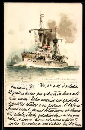 Künstler-AK Hans Bohrdt: S.M. Panzerschiff Brandenburg, Kiel verlassend
