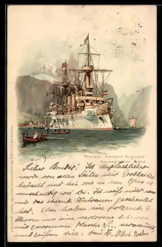 Künstler-AK Hans Bohrdt: Kreuzer Kaiserin Augusta unterwegs in einem norwegischen Fjord