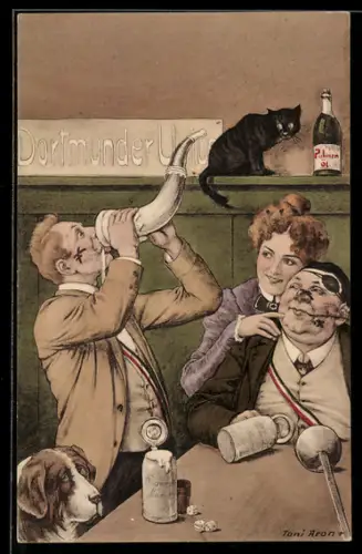 Künstler-AK Toni Aron: Leipzig, Gasthaus Palmengrotte Leipzig, Gewandgässchen 2, Herr trinkt aus einem Horn