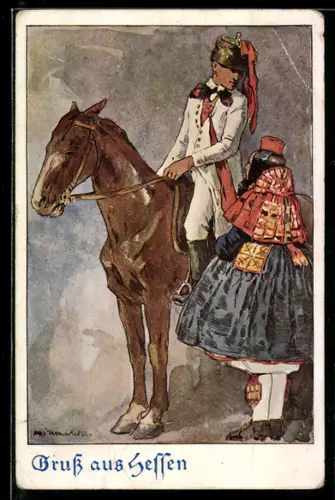 Künstler-AK Ubbelohde: Reiter zu Pferde & Frau in hessischer Tracht