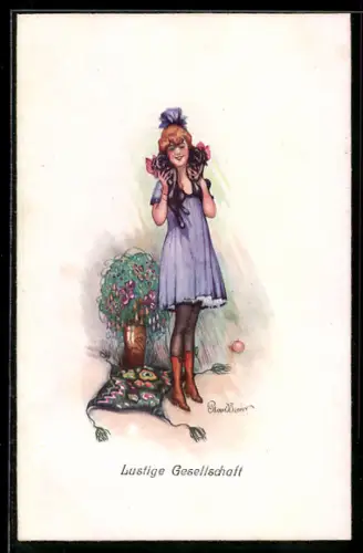 Künstler-AK Plantikow: Mädchen hält zwei Hundewelpen in die Höhe, Lustige Gesellschaft