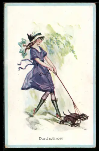 AK Drei Hunde ziehen stark an der Leine, Frau im blauen Kleid, Jugendstil