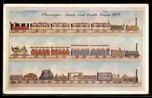 AK Passenger, Goods and cattle trains 1837, englische Eisenbahn