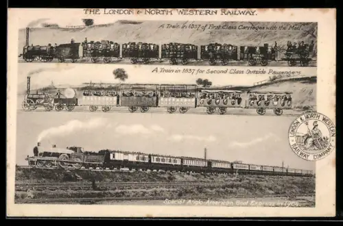 AK London, A train in 1837 of First Class Carriages with the Mail and with outside passengers, englische Eisenbahn