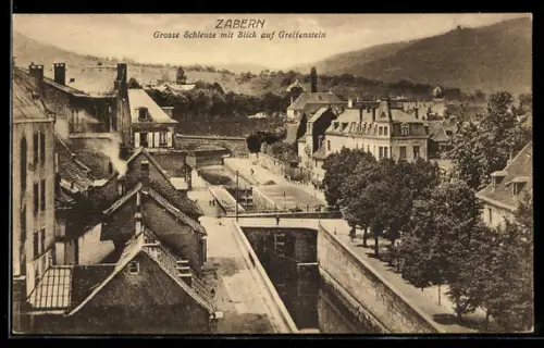 AK Zabern, Grosse Schleuse mit Blick auf Greifenstein
