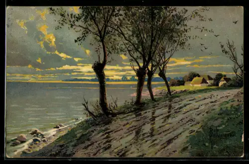 Künstler-AK Robert Kämmerer: Uferlandschaft am Abend