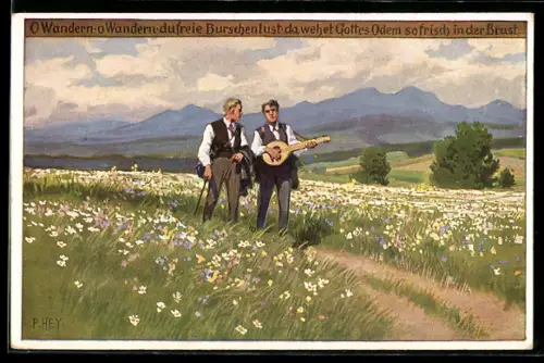 Künstler-AK Paul Hey: Volksliederkarte Nr. 92: O Wandern, o Wandern, Männer mit Gitarre auf Wanderschaft