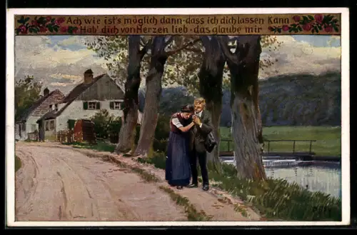 Künstler-AK P. Hey, Volksliederkarte Nr.: 72, Ach wie ist es möglich dann, Liebespaar auf dem Weg