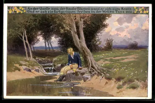 Künstler-AK P. Hey, Volksliederkarte Nr. 94: An der Quelle sass der Knabe, Junge sitzt am Bach