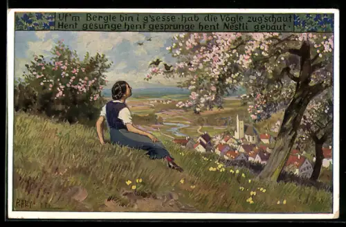 Künstler-AK P. Hey, Volksliederkarte Nr. 74: Frau auf der Wiese unter einem blühenden Baum sitzend