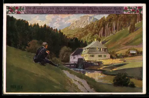 Künstler-AK Paul Hey: Wanderer an einer Wassermühle, Verein für das Deutschtum im Ausland
