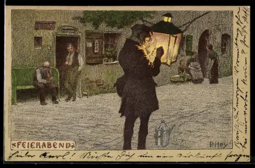 Künstler-AK P. Hey: Feierabend auf der Strasse, Männer und Frauen im Gespräch