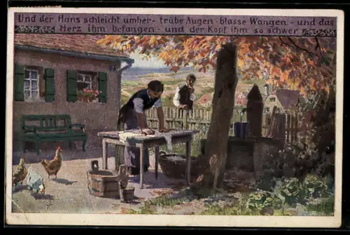 Künstler-AK P. Hey, Volksliederkarte Nr.58: Frau wäscht Wäsche im Garten, Mann steht am Zaun und beobachtet sie