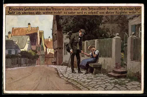 Künstler-AK Paul Hey: Volksliederkarte Nr. 258: Blondes Gretelein, lass das Trauern sein, trauerndes Mädchen