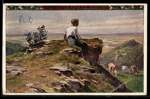 Künstler-AK P. Hey, Volksliederkarte Nr.56: Ich bin vom Berg der Hirtenknab, Hirte wacht über die Kühe