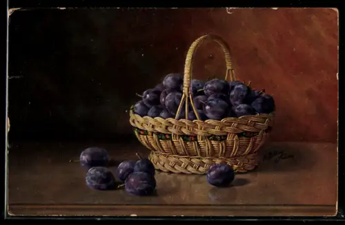 Künstler-AK M. Billing: Stilleben mit Pflaumenkorb
