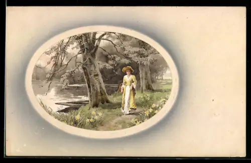 Künstler-AK Meissner & Buch (M&B) Nr.1555: junge Frau mit gelben Hut am Flussrand