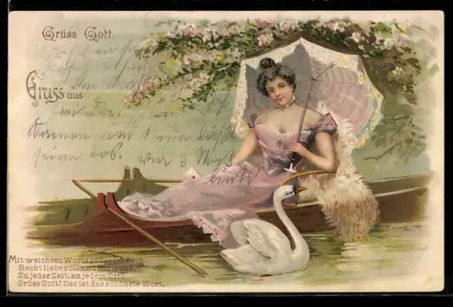Glitzer-Perl-AK Eine Dame mit Sonnenschirm auf einem Ruderboot auf dem Schwanensee