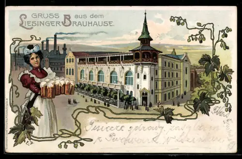 Lithographie Wien, Brauerei und Gasthof Liesinger Brauhaus