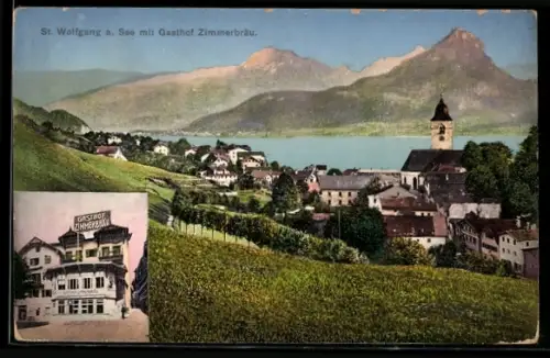 AK St. Wolfgang, Gasthof Zimmerbräu, Ortsansicht mit Blick auf den See