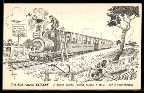 Künstler-AK sign. Reg Carter: The Southwold Express, A Slight Engine Trouble