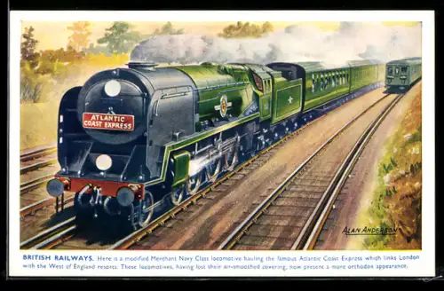 Künstler-AK British Railways, Merchant Navy Class locomotive hauling Atlantic Coast Express, englische Eisenbahn