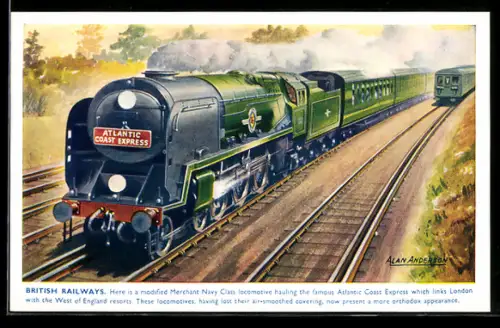Künstler-AK British Railways, Merchant Navy Class locomotive hauling Atlantic Coast Express, englische Eisenbahn