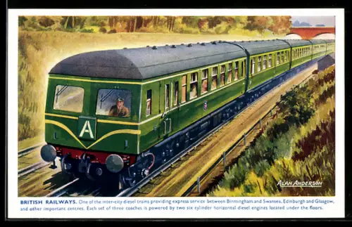 Künstler-AK Englische Eisenbahn der British Railways zwischen Birmingham und Swansea