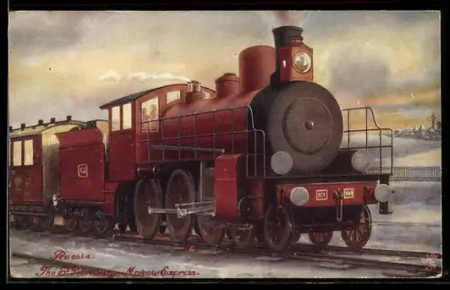 Künstler-AK Russische Eisenbahn des St. Petersburg-Moskau Expresses