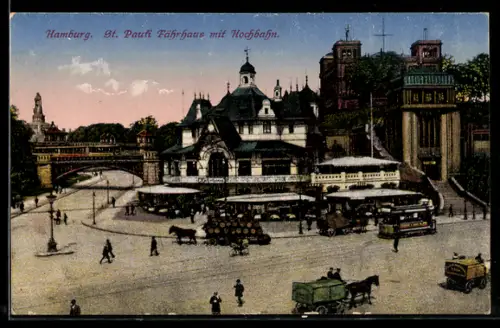 AK Hamburg-St. Pauli, Fährhaus mit Hochbahn