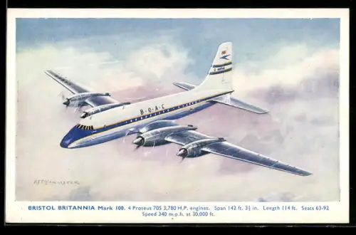 AK Passagierflugzeug Bristol Britannia Mark 100 der B.O.A.C. im Flug über Wolken