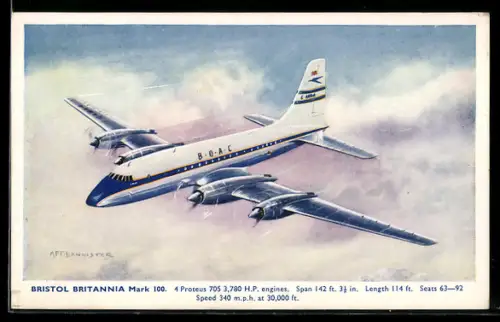 AK Passagierflugzeug Bristol Britannia Mark 100 der B.O.A.C. im Flug über Wolken