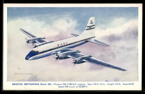 AK Passagierflugzeug Bristol Britannia Mark 100 der B.O.A.C. im Flug über Wolken