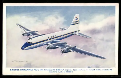 AK Passagierflugzeug Bristol Britannia Mark 100 der B.O.A.C. im Flug über Wolken