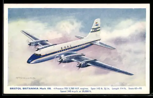 AK Passagierflugzeug Bristol Britannia Mark 100 der B.O.A.C. im Flug über Wolken