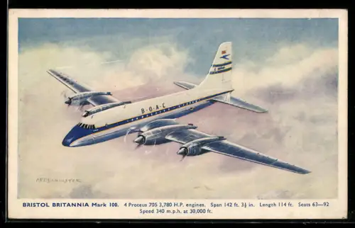 AK Passagierflugzeug Bristol Britannia Mark 100 der B.O.A.C. im Flug über Wolken