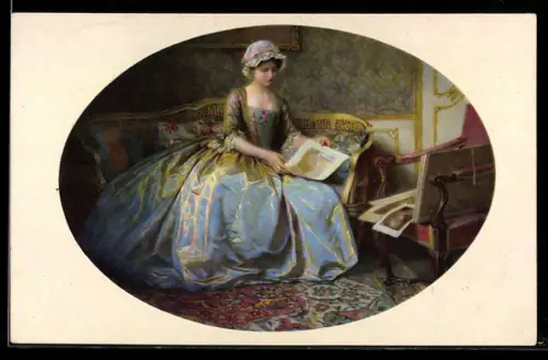 Künstler-AK Meissner & Buch (M&B) Serie 2528: Hübsche Dame betrachtet Bildnisse