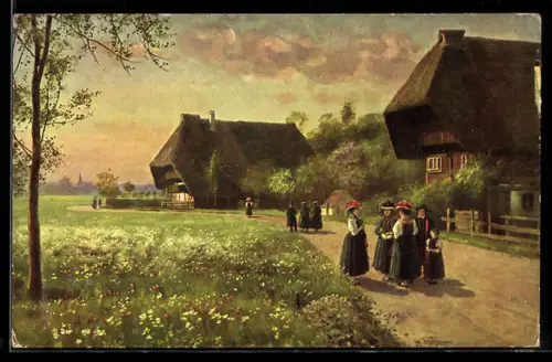 Künstler-AK H. Hoffmann: Sonntag-Morgen, Frauen in Tracht unterhalten sich auf einer Dorfstrasse