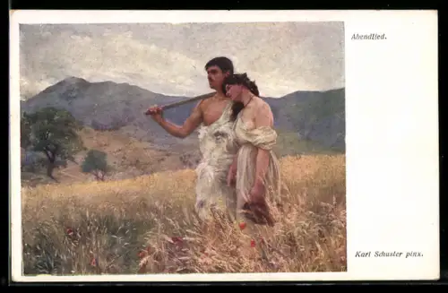 Künstler-AK Karl Maria Schuster: Leicht bekleidetes Paar steht Abends im Feld