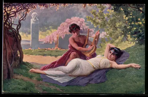 Künstler-AK Ad. Liebscher: Harfenspieler mit Mädchen im Liebesgarten