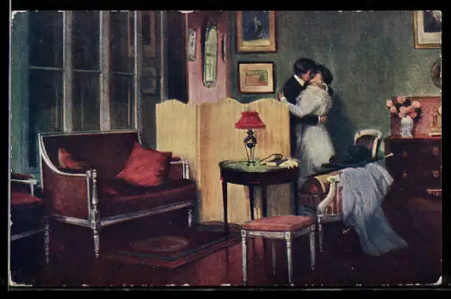 Künstler-AK sign. Gettay: Vertraulicher Besuch, Liebespaar im abendlichen Wohnzimmer
