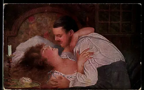 Künstler-AK Arno von Riesen: Flitterwochen, Umarmung im Schlafzimmer