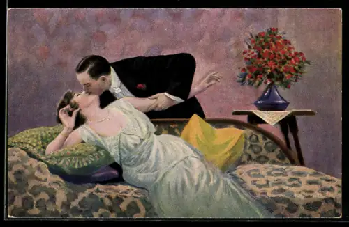 Künstler-AK Max Burg: Liebespaar küsst sich am Sofa