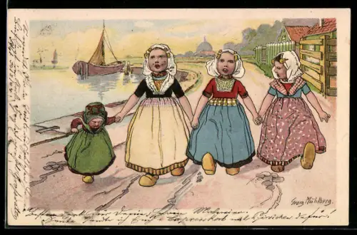 Künstler-AK Georg Mühlberg: niederländische Kinder gehen spazieren