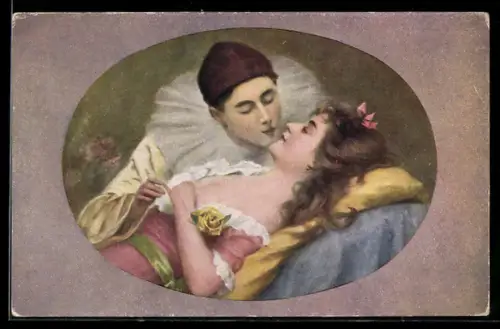 Künstler-AK Kolumbinens List, Harlekin küsst seine Liebste