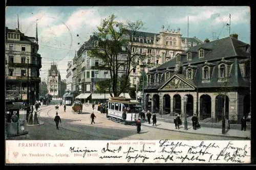 AK Frankfurt a. M., Hauptwache mit Steinweg und Strassenbahn