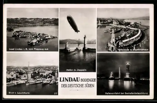AK Lindau, die Insel vom Flugzeug aus, Blick vom Leuchtturm, Hafen mit Zeppelin, Hafeneinfahrt bei Beleuchtung